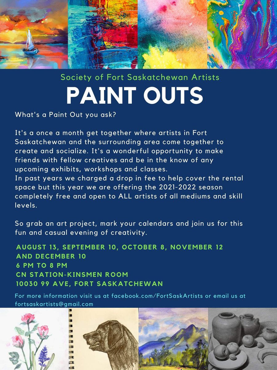 Looking for something to do this fall then check out our Paint nights. Bring something to work on and come create and socialize with fellow creative people.
#fortsask #artsociety #ArtistOnTwitter