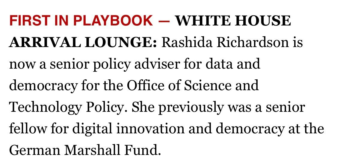 Alondra Nelson (@alondranelson46) on Twitter photo I am pleased to welcome Rashida Richardson to the Science and Society team <a href="/WHOSTP/">White House Office of Science & Technology Policy</a>. Her combination of legal, policy, and civil rights insight into emerging technologies and automated systems is incisive and unparalleled. I am pleased to welcome Rashida Richardson to the Science and Society team <a href="/WHOSTP/">White House Office of Science & Technology Policy</a>. Her combination of legal, policy, and civil rights insight into emerging technologies and automated systems is incisive and unparalleled.