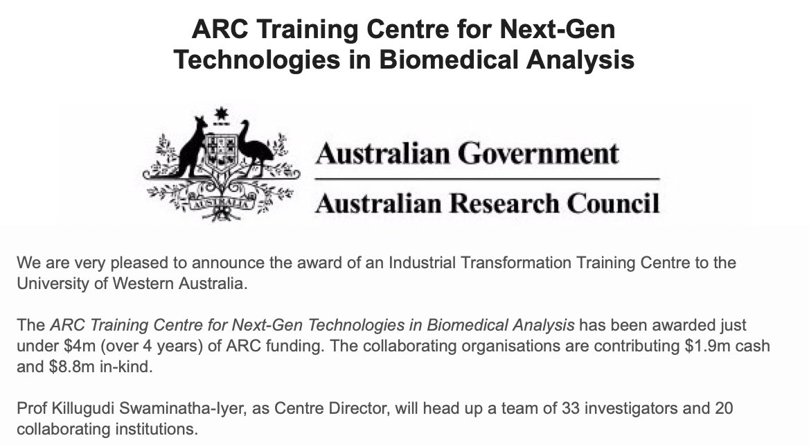 Congratulations Killugudi Swamintha Iyer, <a href="/kasChemBio/">Keith Stubbs</a> <a href="/CharlieBondXray/">Charlie Bond</a> <a href="/nictaylorbio/">Nicolas Taylor</a> @NMSatSMS <a href="/geddesdonna1/">Donna geddes</a> Leon Mitoulas and <a href="/Haibo_Jiang/">Haibo Jiang</a> for <a href="/arc_gov_au/">Australian Research Council</a> Training Centre success. <a href="/UWAresearch/">UWA Research</a> #ozchem #biochem <a href="/uwanews/">UWA</a>