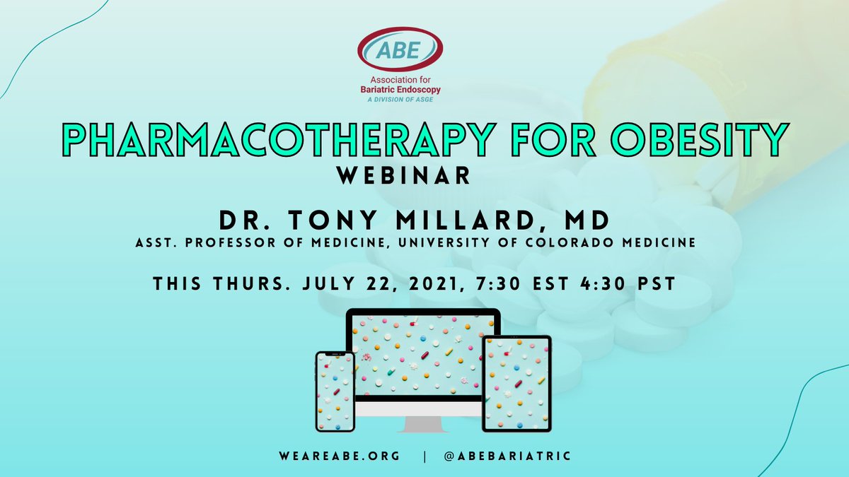 For anyone wanting to learn about pharmacotherapy for obesity, don't miss this Thursday's @ABEbariatric webinar with Dr. Millard from @CUAnschutz ! Register here: asge.org/home/education…