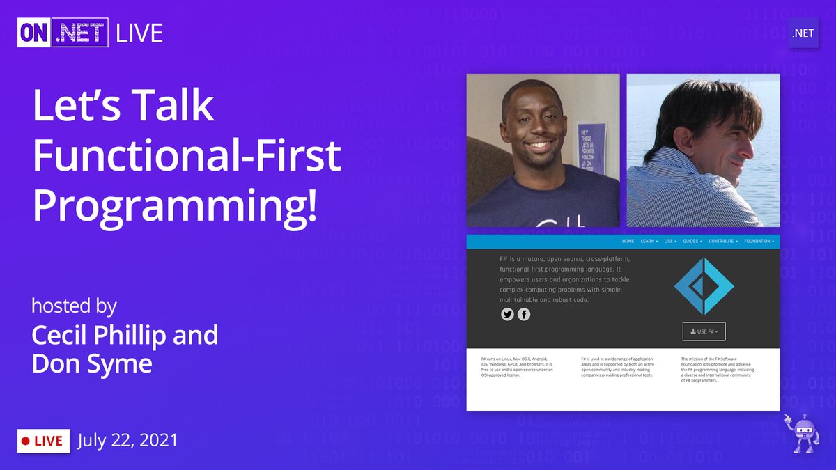 cecilphillip's tweet image. Later today @ 5pm EST on #OnDotNET Live, I get to catch up with @dsymetweets for &quot;Let’s Talk Functional-First Programming&quot; 

Join us using the link below 👨🏽‍💻

youtube.com/watch?v=EUyXU2… #dotnet #fsharp