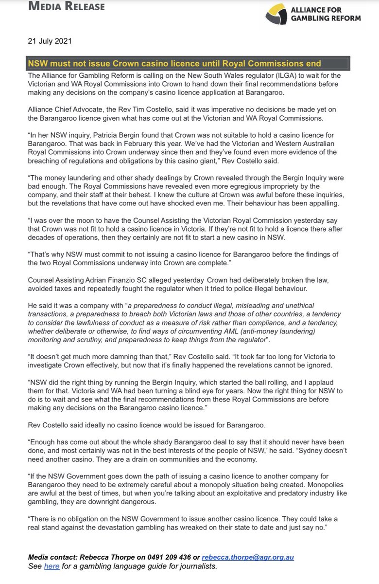 ReformGambling's tweet photo. “There’s no obligation on the @GladysB #NSWpol Govt to issue another casino licence. They could take a real stand against the devastation #gambling has wreaked on their state to date & just say no,” says @ReformGambling’s Chief Advocate @TimCostello.
#GamblingHarm #CrownRC https://t.co/e7rM5FhAjl