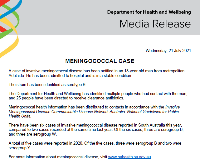 SAHealth's tweet photo. HEALTH UPDATE: MENINGOCOCCAL CASE https://t.co/UxJ3jZXNay