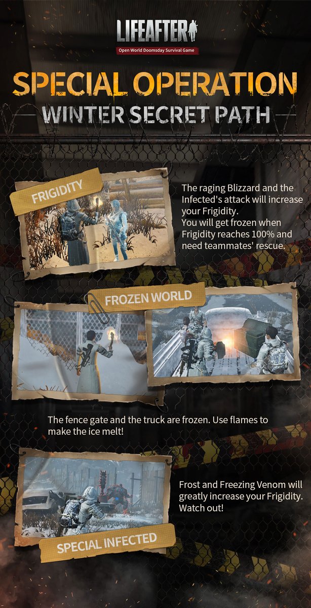 Lifeafter_eu's tweet image. ❄️It&apos;s hard to survive on the snow-covered Fall Secret Path without getting frozen. 📒There are some tips to guide you through the 👣Special Area Operation -- Winter Secret Path with a high Personal Rating.
#LifeAfter #DoomsdayStation
#QuestGuide #AreaOperation #WinterSecretPath