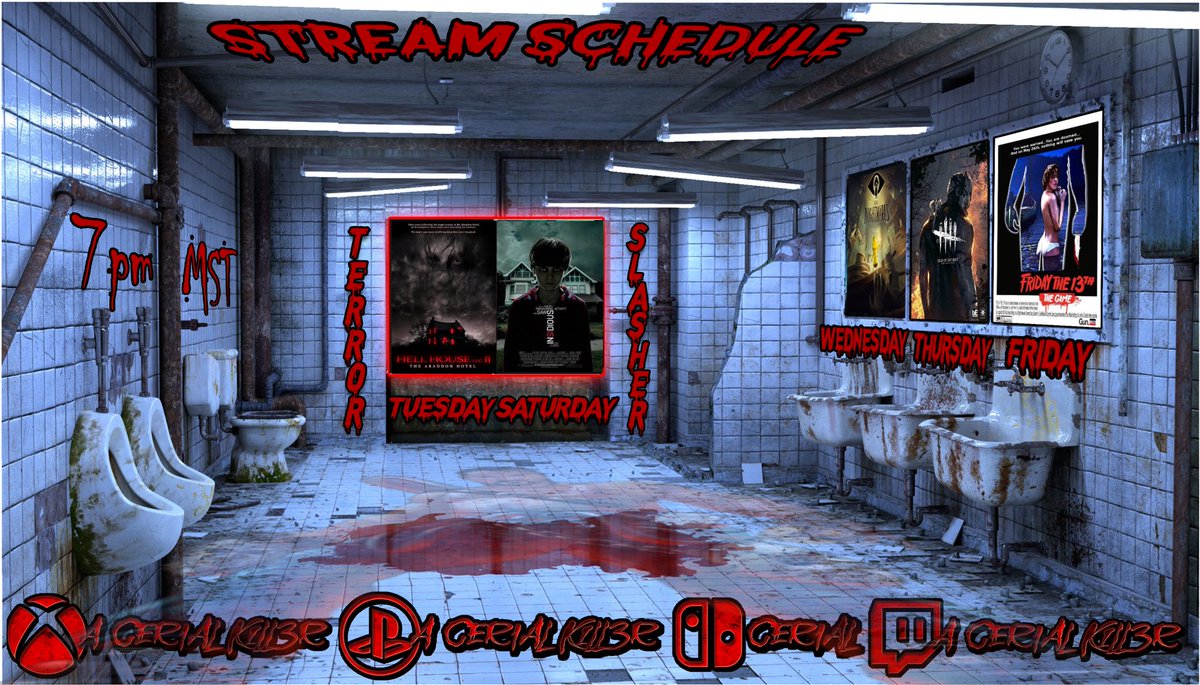 ACER1ALKILL3R's tweet photo. This weeks movie/stream schedule is up. #hellhousellc2 and #insidious for movies and then we hit up @LittleNights @DeadByBHVR @Friday13thGame for games. Hope to see you all there. @CManiacd #crystallakemaniacs #horrorfam #horrorgames #horrorstreamer #tms @MonsterSquadTTV https://t.co/TmFz5kGSEx