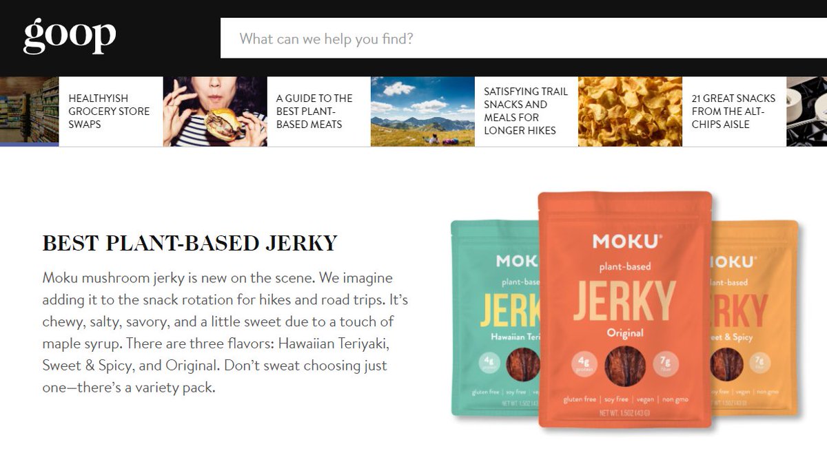 "Don’t sweat choosing just one flavor—there’s a variety pack!" - Alternative living tastemaker <a href="/goop/">goop</a> lauds KBW Ventures portfolio company <a href="/MokuFoods/">Moku Foods</a> as "Best Plant-Based Jerky"  
Read the list here: bit.ly/3BrAvib