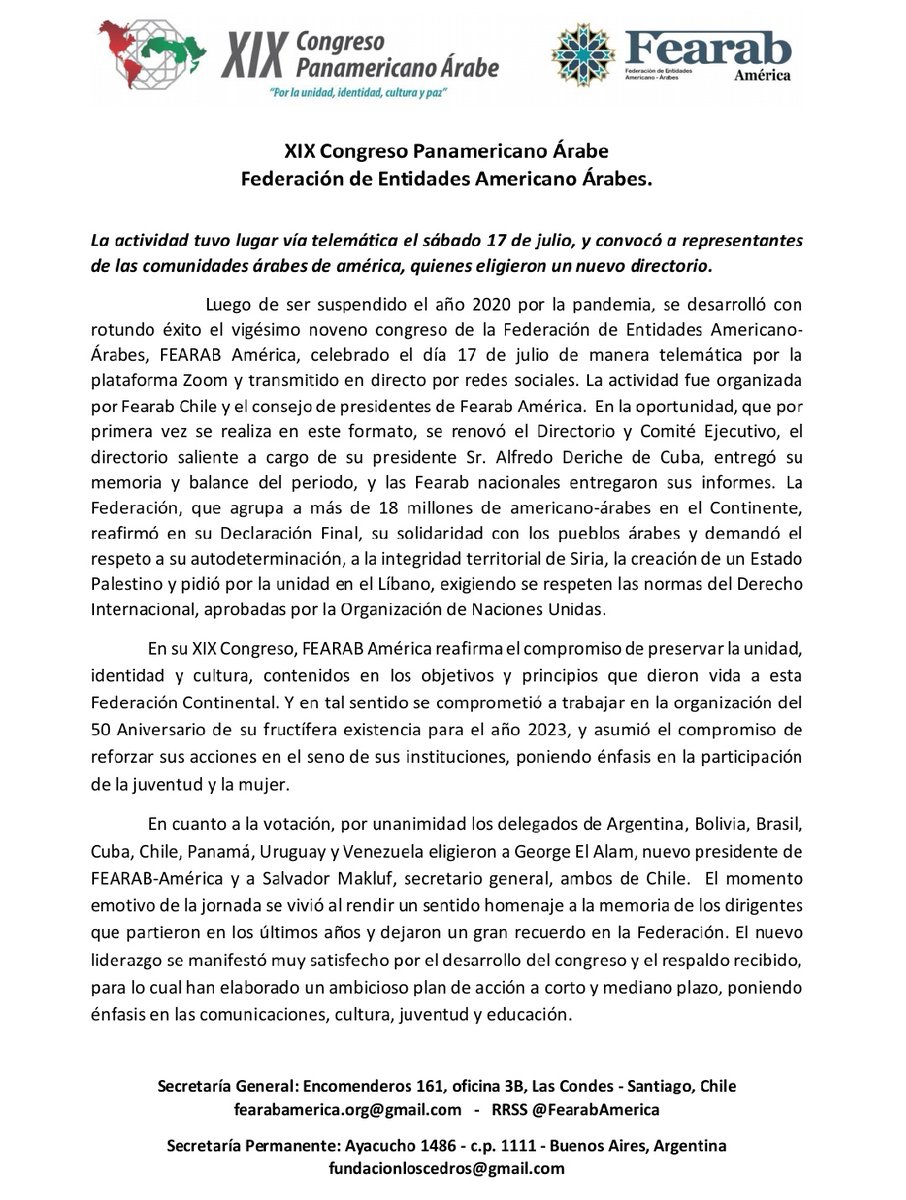 XIX Congreso Panamericano Árabe.