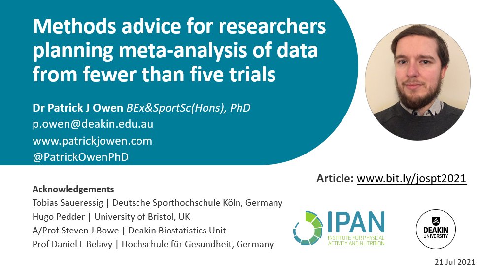 PatrickOwenPhD's tweet photo. 📢#Presentation via @DeakinIPAN: Methods advice for researchers planning #MetaAnalysis of data from fewer than five trials

📰From our recent @JOSPT editorial: https://t.co/15LEIllxj1

#TLDR: Poor methods hinder science

🙏@belavyprof, @HugoPedder, @TobiasS25347008, A/Prof Bowe🧙‍♂️ https://t.co/ztxDb14Gqk