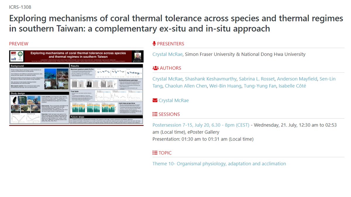 Interested in the seasonal dymanics of corals and their algal symbionts...with the added bonus of comparing these dynamics between reefs with different thermal regimes? Come check out my poster (Theme 10, poster#: 1308) at #ICRS2021
