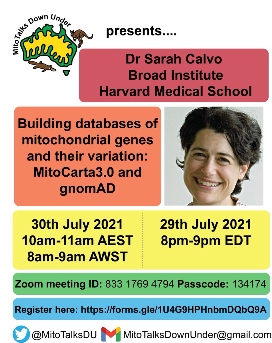 MitoTalks Down Under (@mitotalksdu) on Twitter photo We are very excited to have Dr Sarah Calvo from <a href="/harvardmed/">Harvard Medical School</a> and the <a href="/VamsiMootha/">Vamsi Mootha</a> lab for the next instalment of MitoTalks Down Under next week! Check out the details below 👇
Date: Friday 30th July 2021
Time: 10am-11am AEST
Zoom meeting ID: 833 1769 4794
Passcode: 134174 We are very excited to have Dr Sarah Calvo from <a href="/harvardmed/">Harvard Medical School</a> and the <a href="/VamsiMootha/">Vamsi Mootha</a> lab for the next instalment of MitoTalks Down Under next week! Check out the details below 👇
Date: Friday 30th July 2021
Time: 10am-11am AEST
Zoom meeting ID: 833 1769 4794
Passcode: 134174