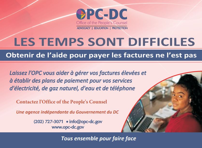DCOPC's tweet photo. Bonjour! Struggling to pay utility bills? @DCOPC can connect you with payment assistance programs and negotiate payment plans with utility companies. Call @DCOPC at (202) 727-3071. #OPCadvocates #OPCcanHelp #Here2HelpDC #ThursdayThoughts https://t.co/CMiermMoL0
