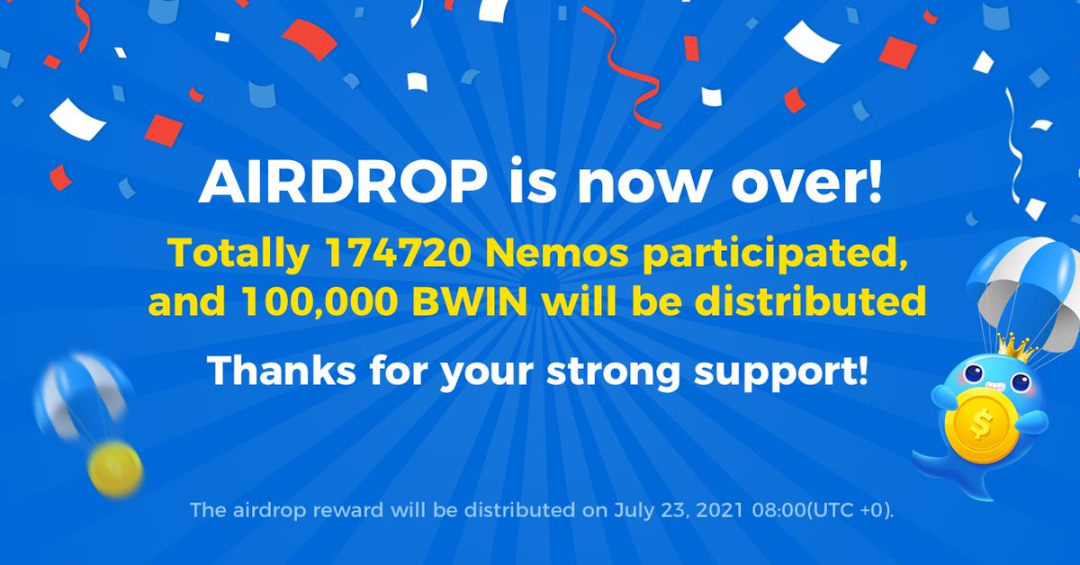 We have now officially ended our #bigwin airdrop🎉🎉
We are happy to announce the remarkable community growth achieved with our airdrop campaign was heard and seen around the world.🔥🔥
You are all now part of BigWin! Welcome Nemos !🐠🐠