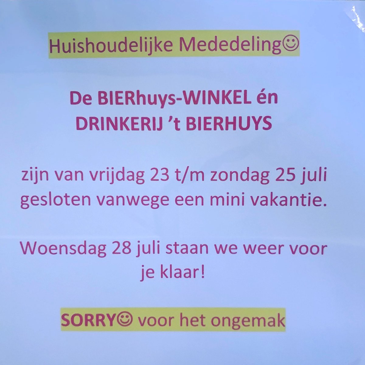 Omdat de vakantie’s van het Bierhuys-team elkaar dit weekend allemaal overlappen, hebben we besloten van de nood een deugd te maken. De ‘Directie’ neemt ook een weekendje vrij! 😎☀️🍻 <a href="/bierhuyswoerden/">Cafe 't Bierhuys</a> en de <a href="/bierhuyswinkel/">Bierhuyswinkel</a> zijn as vrijdag,zaterdag en zondag gesloten.