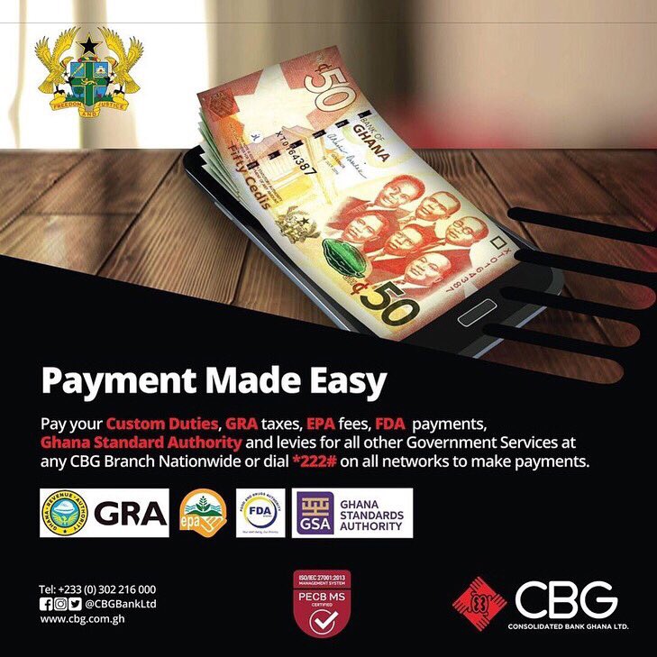 CBGBankLtd's tweet photo. Did you know? You can now pay your Custom Duties, GRA Taxes, EPA fees, FDA Payments, Ghana Standard Authority and levies with ease at any CBG branch Nationwide.

#WeStandWithYou https://t.co/mCyJTUQN1h