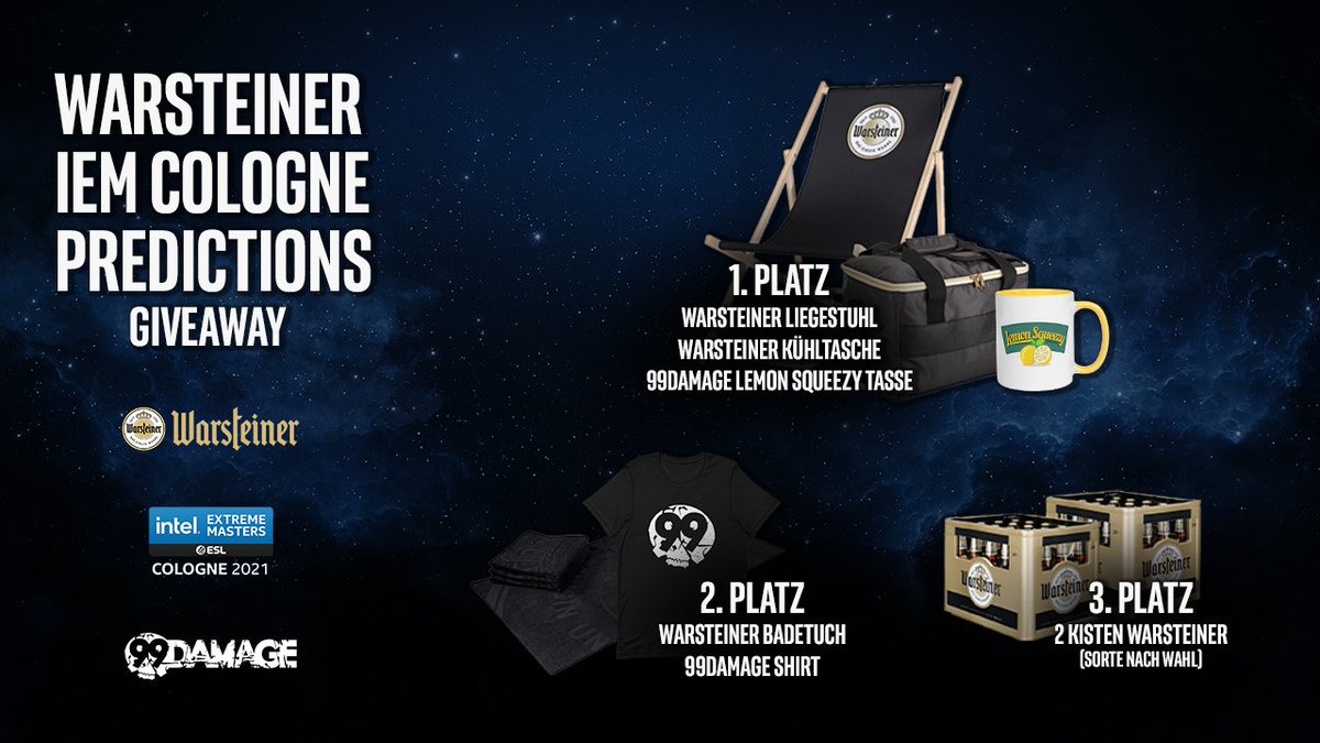 [Werbung]
Ihr habt unsere Caster bei der <a href="/Warsteiner_gg/">Warsteiner_gg</a> Prediction zur #IEM Cologne geschlagen und euch ein Giveaway verdient! 🙌

Für die Teilnahme müsst ihr:
🔁 Diesen Tweet retweeten.

Das wars! Viel Glück an alle Teilnehmer. 🍀