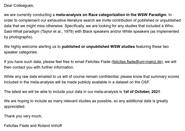 easpinfo's tweet image. Call for published and unpublished data for a meta-analysis: ”Who said what?”-Paradigm with Black and White Speaker Stimuli; Please help if you can🙏 @rolandimhoff @FelicitasFlade #metaanalysis #socialpsychology #callfordata