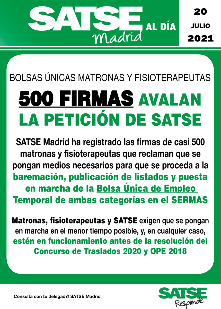 🟢 #Matronas y #fisioterapeutas se unen a nuestra reclamación sobre sus Bolsas Únicas de Empleo Temporales 👉 <a href="/SaludMadrid/">Salud Madrid</a> exigimos que su baremación, publicación y puesta en marcha se produzca cuanto antes‼
