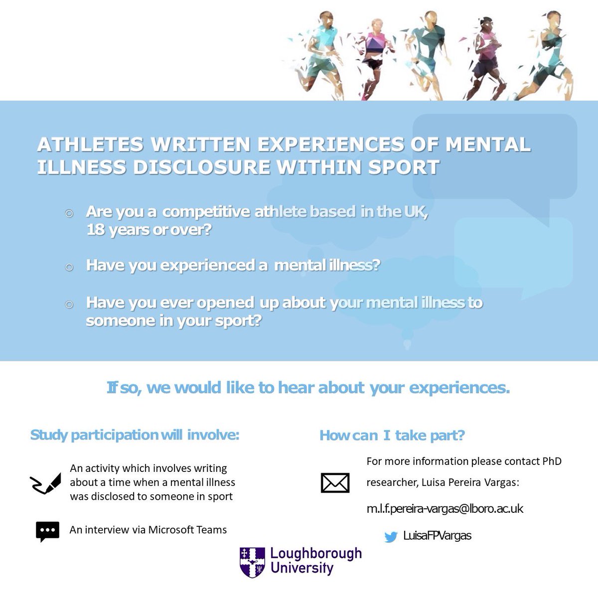 Very important research! If you’re an athlete who has previously disclosed a mental health issue to someone in your sport, please do email Luisa! #athlete #mentalhealth #athletementalhealth