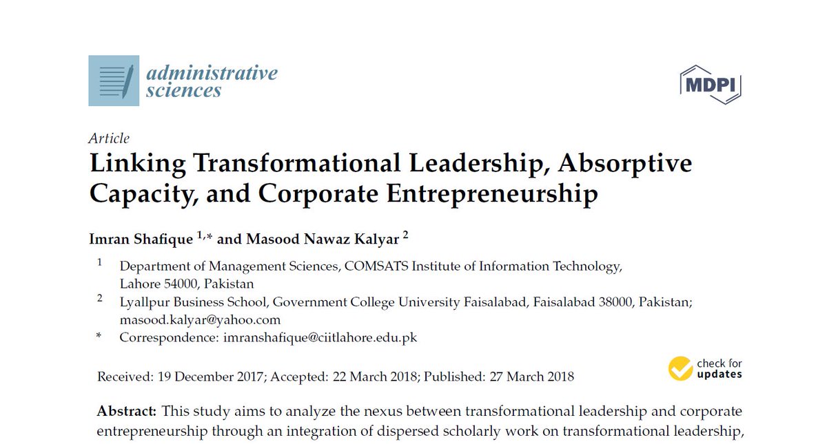 AdmSci_MDPI's tweet photo. 🍎Read the high cited Paper "Linking Transformational Leadership, Absorptive Capacity, and Corporate Entrepreneurship" by Imran Shafique and Masood Nawaz Kalyar. 

#transformation #leadership #entrepreneur #Corporate 

Read at: https://t.co/8FlU6rfFzI https://t.co/5eBOiw3Xp9