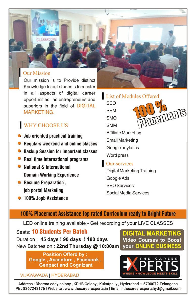 PCareerexperts's tweet image. Hi Everyone we are from the career experts and training institute we are providing digital marketing training with live projects by real time experiences and 100% job placements so , if you are interested to join our institute please contact us 
thank you  
regards
priya