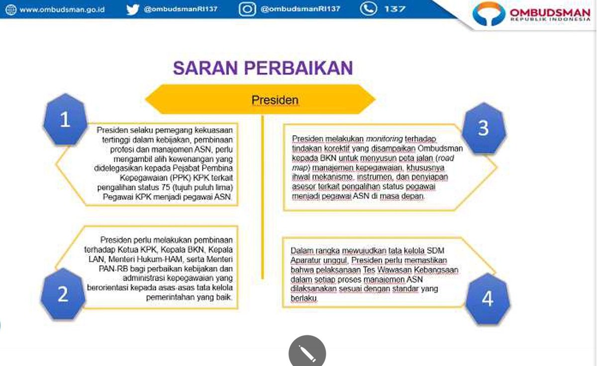 Pegawai 75 Menang! 
Saran perbaikan Ombudsman RI:
1. Presiden mengambil alih kewenangan alih status 75 pegawai
2. Presiden membina ketua KPK, Menteri PANRB & kumham, Ketua LAN
3. BKN membuat roadmap perbaikan
4. Tes TWK distandarisasi

Terima kasih Ombudsman RI
Hebat, Imparsial!