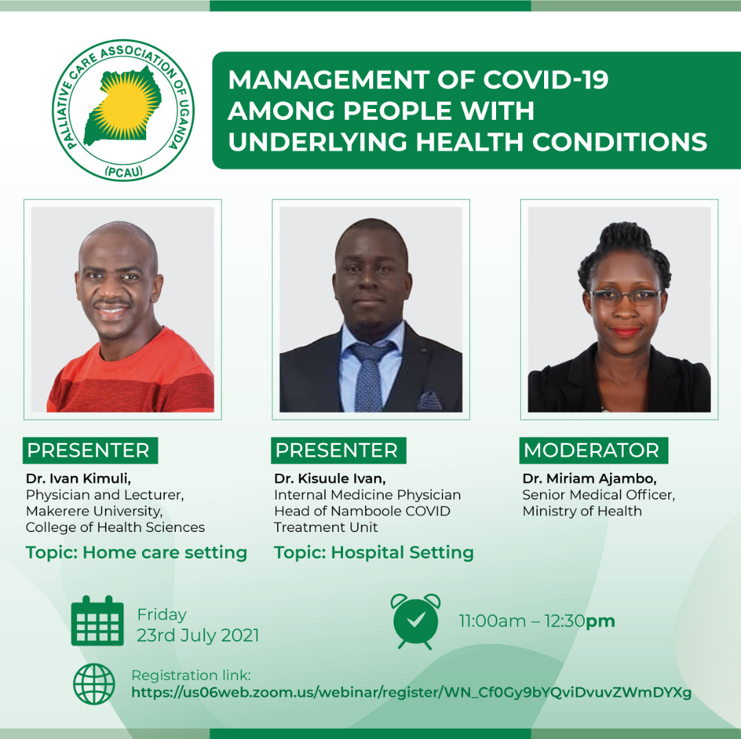 Don't miss our webinar this Friday. We discus management of COVID-19 among people with underlying health conditions. Register here: us06web.zoom.us/webinar/regist… 
#PalliativeCare4allUg #StaySafeUg 
<a href="/MinofHealthUG/">Ministry of Health- Uganda</a>