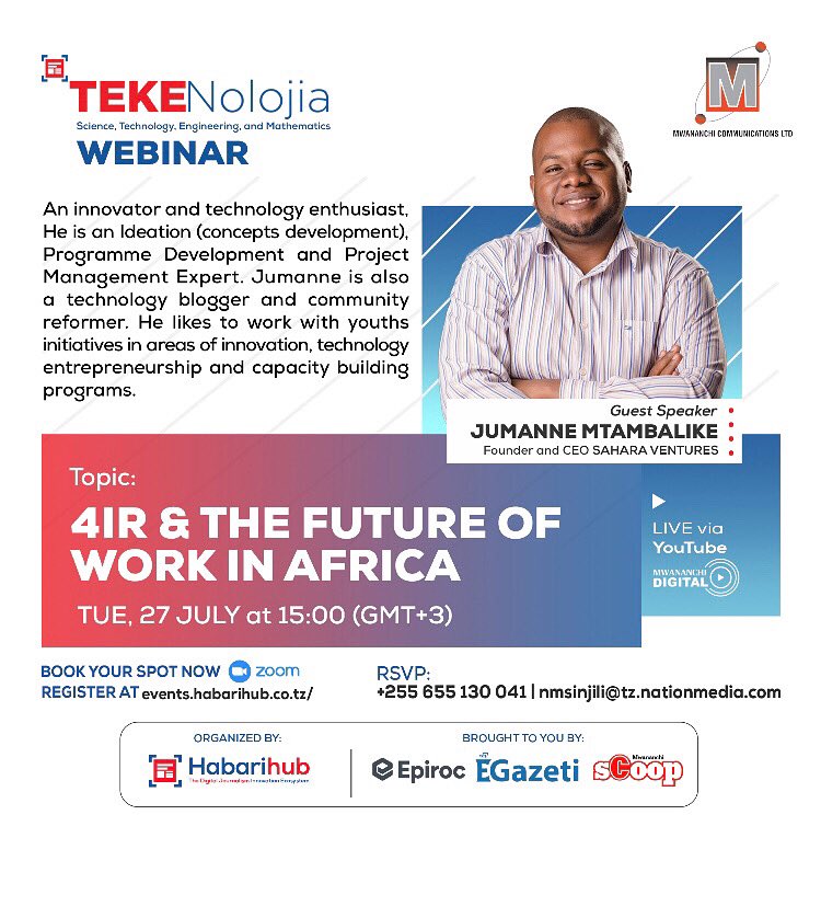 Covid-19 is said to have accelerated the digital revolution in one year more than it has on over a decade. Join  <a href="/Afruturist/">Jumanne Mtambalike</a> &amp; <a href="/MihayoWilmore/">Ndugu. Mihayo Wilmore</a> next Tuesday on the 27th July. 
Click the link 🔗 to register
events.habarihub.co.tz