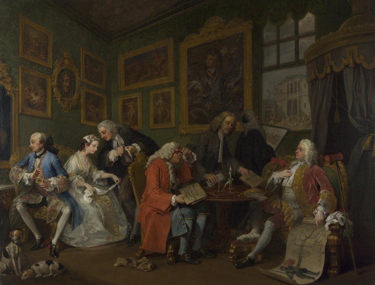 OFosterGallery's tweet image. Mid 18th century | Marriage a la Mode is a series of six paintings painted by William Hogarth between 1743 and 1745, with the intention of showing the disastrous results of a misconceived marriage for money or social status at that time.
The Marriage Settlement is one of them.
