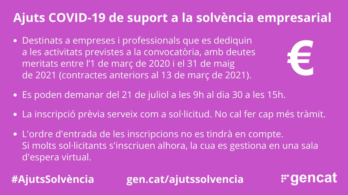 💶 Avui dimecres s'obre una nova convocatòria d'#ajuts directes a #empreses i #autònoms de tots els sectors (excepte els financers) que hagin patit una caiguda de la facturació arran de la pandèmia i tinguin deutes i pagaments pendents. gen.cat/ajutssolvencia