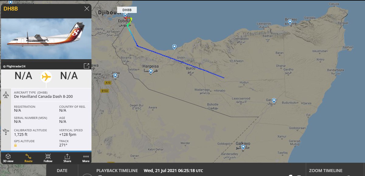 Laurent_Le_Bloa's tweet photo. #USAF #ISR Beechcraft "LIBERTY" #MAMBA03 from #Djibouti heading for backing #SNA offensive in #Galmudug
#ISR DH8-200 returning from #Galkayo aera. Take off tonight 02h00 local time.
@airwars @Free_Somaliweyn @RAbdiAnalyst @Abdi678 https://t.co/YG9EnWxi07