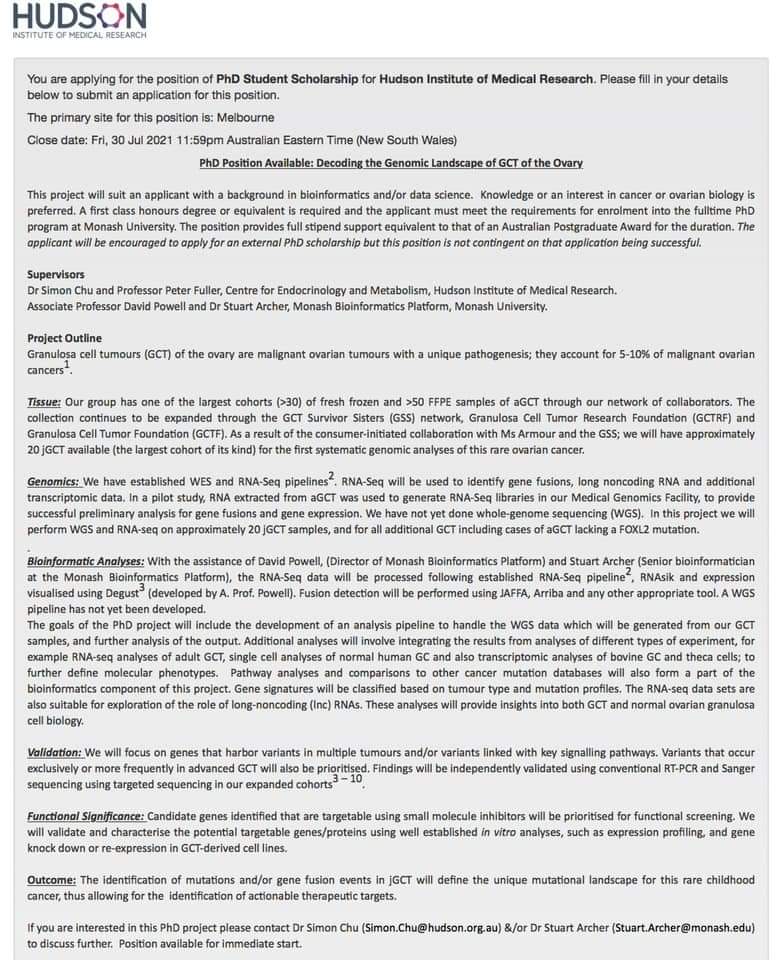 SimonChuster's tweet image. Excellent opportunity to do a #PhD on a fantastic project in my lab. For more information, please send details as per post...........
@Hudson_Research
@CEM_Hudson 
#granulosacelltumor
#victoriancanceragency
#science #ovariancancer #medicalresearch
