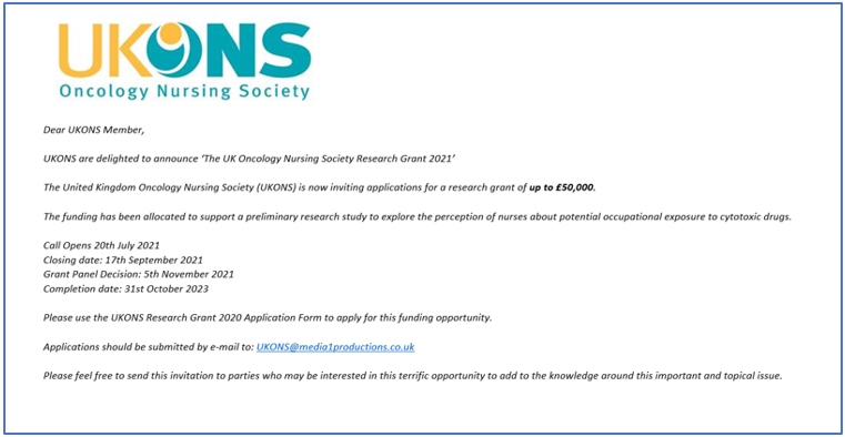 UKONS (@ukonsmember) on Twitter photo UKONS is inviting applications for a research grant of up to £50,000 to support a research study to explore the perception of nurses about potential occupational exposure to cytotoxic drugs. Applications should be submitted by e-mail to: UKONS@media1productions.co.uk
/MT UKONS is inviting applications for a research grant of up to £50,000 to support a research study to explore the perception of nurses about potential occupational exposure to cytotoxic drugs. Applications should be submitted by e-mail to: UKONS@media1productions.co.uk
/MT