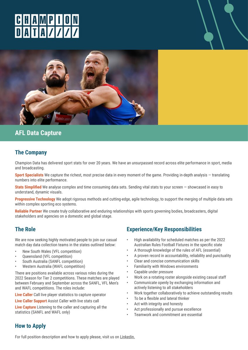 ChampionDataAFL's tweet image. We are searching for people to join our Data Capture team in NSW, Queensland, South Australia &amp;amp; Western Australia. If you're interested please visit the link below.

au.linkedin.com/jobs/view/data…