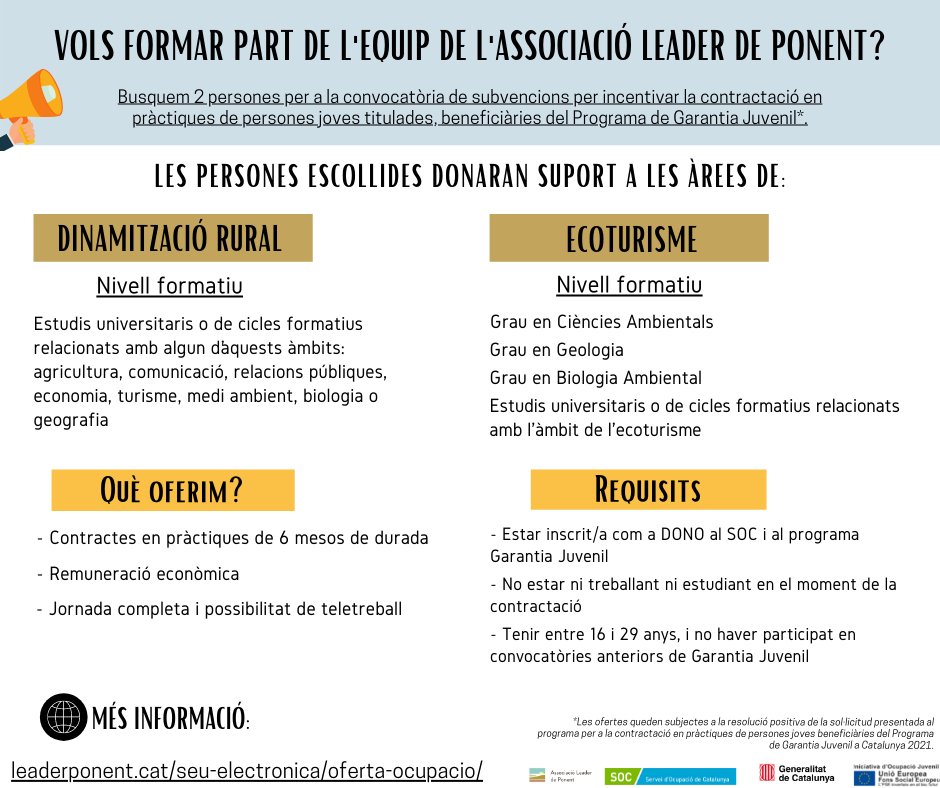 ✅ Si tens entre 16 i 29 anys, i vols treballar amb nosaltres, fes una ullada al procés de selecció que tenim obert‼👀
Busquem 2⃣ persones joves beneficiàries de #GarantiaJuvenil per donar suport a #ecoturisme i #dinamitzaciórural
ℹ️ leaderponent.cat/tauler/proces-…