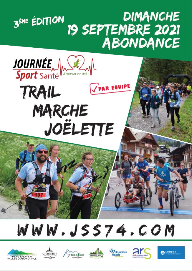 🏃[Journée Sport Santé - 74]
L'association James Sport Sante renouvelle pour sa 3ème édition : La Journée Sport Santé

L'évènement se tiendra
📅 le dimanche 19 septembre 2021
📍à Abondance dans le 74

➕ d'infos et inscription sur le site 👉 jss74.com