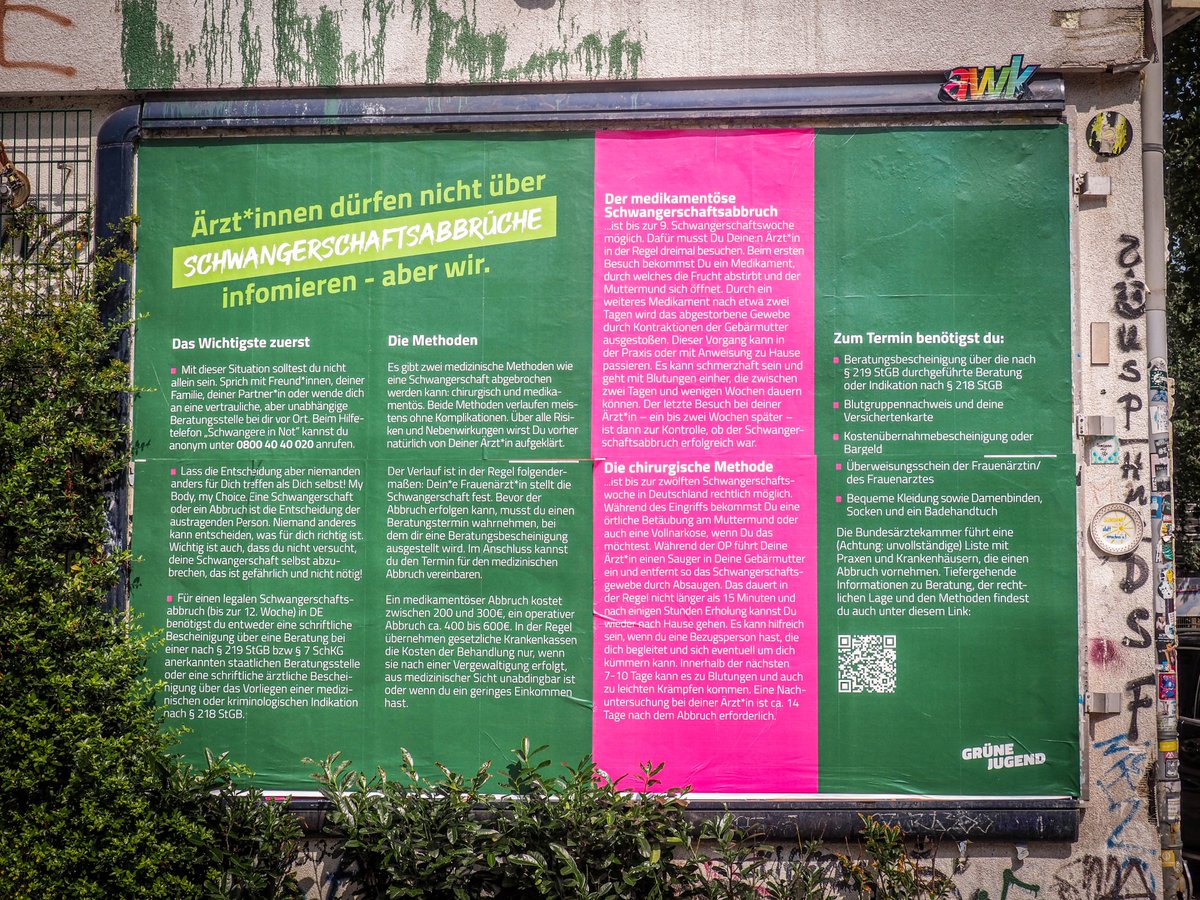 Ärzt*innen dürfen nicht über Schwangerschaftsabbrüche informieren, also machen wir das:
An verschiedenen Orten in Hamburg haben wir Informationen plakatiert, die Betroffene dringend benötigen.

Online hier, gerne teilen: gruene-jugend.de/2021/05/19/inf…