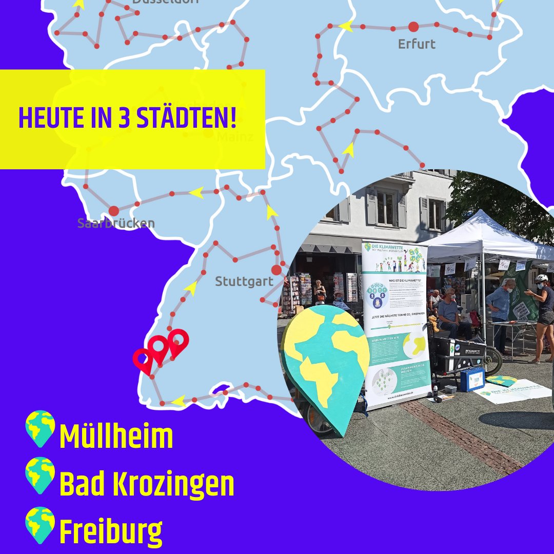 Fleißig fleißig radelt das Klimawetten-Lastenrad weiter! 🥳Heute anzutreffen in #müllheim (11:30 Uhr)  #badkrozingen (14:30 Uhr) &amp; #freiburg (17:30 Uhr) 📍
Wie viele Tonnen brauchen wir zur Million in ganz #deutschland? Müllheim: 286,2 CO2; Bad Krozingen: 305,7; Freiburg: 3467,9