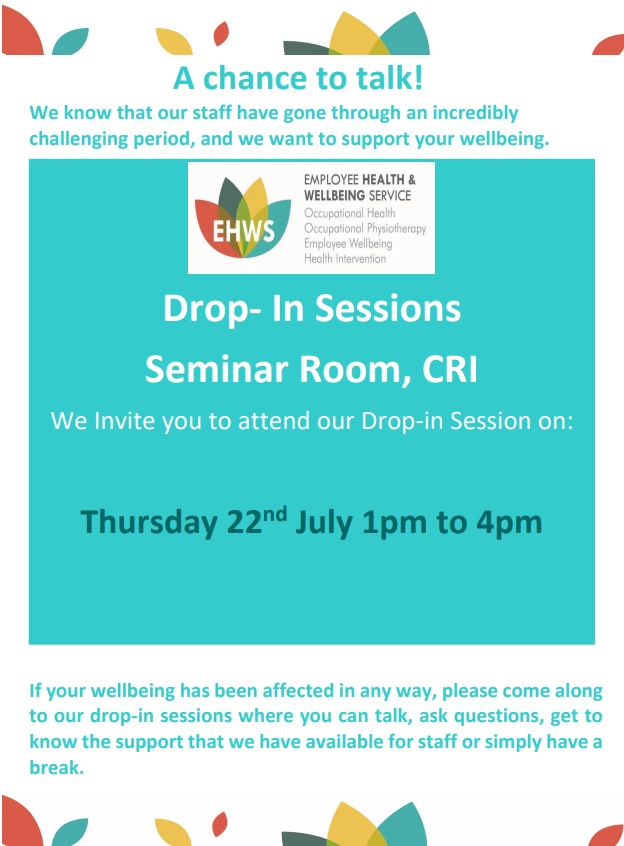 We are holding a Wellbeing support session for staff tomorrow in CRI. Why not pop along for a drink and chat about your experiences over the last year and your wellbeing in work. #chancetotalk @CV_UHB