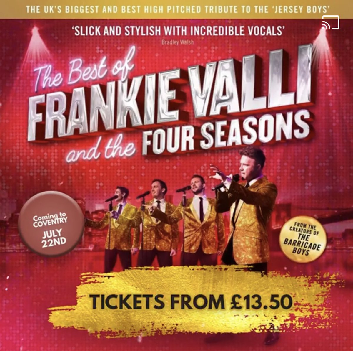 Best of Frankie Valli & The Four Seasons (@fourseasonsshow) on Twitter photo THE BEST OF FRANKIE VALLI & THE FOUR SEASONS - BELGRADE THEATRE <a href="/BelgradeTheatre/">Belgrade Theatre</a> - JULY 22ND⭐️
A spectacular high pitched celebration of timeless music from one of the biggest selling groups of all time 🎶
TICKETS FROM £13.50 🤩🤩
Book here ⬇️⬇️⬇️
🎟 belgrade.co.uk/events/the-bes… THE BEST OF FRANKIE VALLI & THE FOUR SEASONS - BELGRADE THEATRE <a href="/BelgradeTheatre/">Belgrade Theatre</a> - JULY 22ND⭐️
A spectacular high pitched celebration of timeless music from one of the biggest selling groups of all time 🎶
TICKETS FROM £13.50 🤩🤩
Book here ⬇️⬇️⬇️
🎟 belgrade.co.uk/events/the-bes…