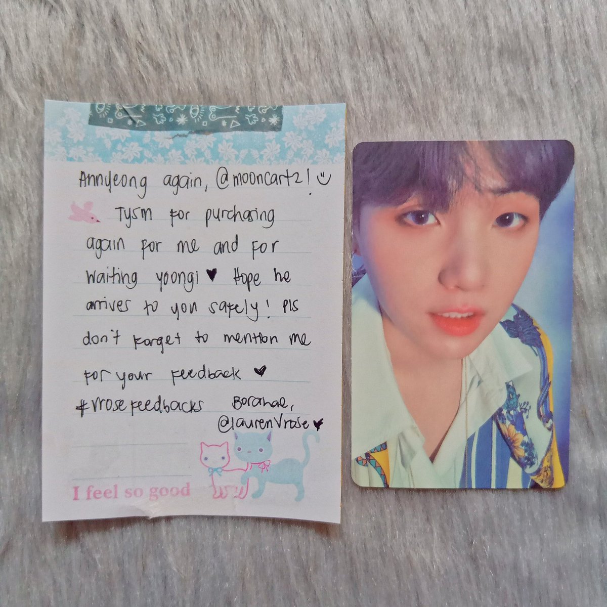 mooncartz_'s tweet photo. Hii~ @laurenVrose!!
Yoongi just came home safely, i had fun transacting with you 💕 until our next 🥺💜
#vrosefeedbacks https://t.co/qymCs1NysV