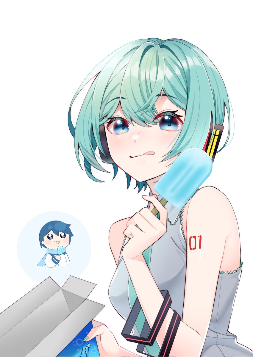 hatsune miku ,kaito (vocaloid) alternate hair length 1girl short hair alternate hairstyle food tongue out tongue  illustration images