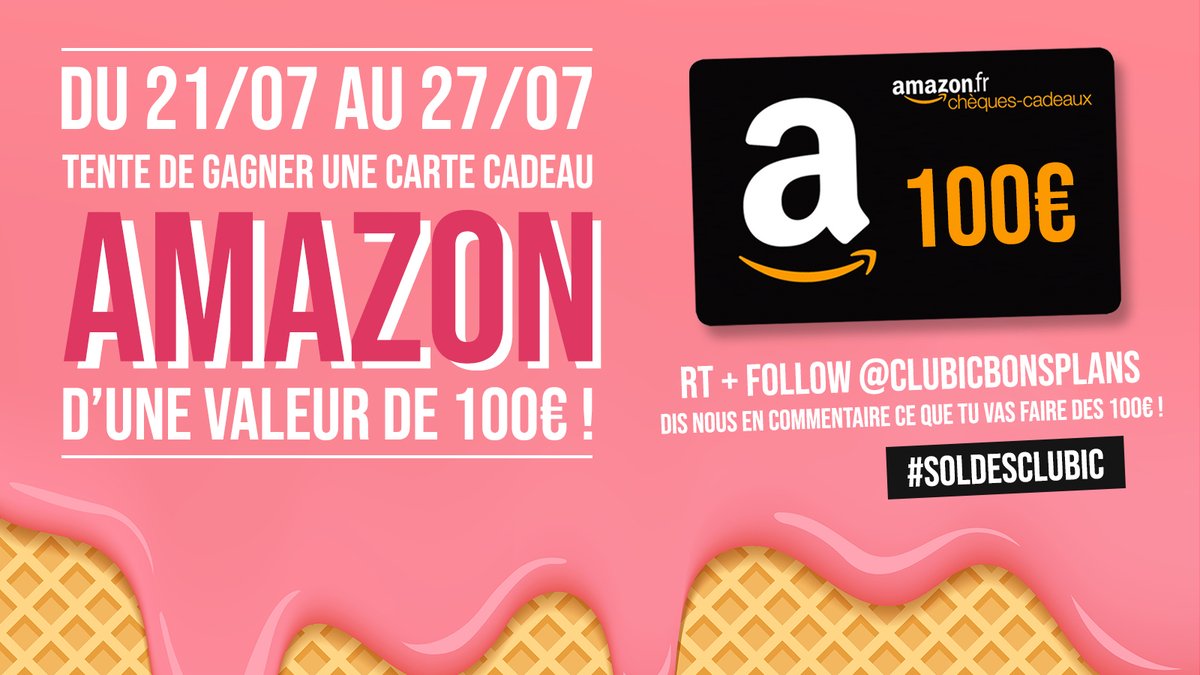 ClubicBonsPlans's tweet photo. 🎁 #JeuConcours 🎁

Dernière semaine des #soldes d'été ! Pour l'occasion, on vous offre une ultime carte cadeau Amazon de 100 € !

✅ RT + Follow @ClubicBonsPlans
✅ Commente avec #SoldesClubic et dis-nous comment tu vas l'utiliser !

🍀 TAS le 27/07 https://t.co/VfR7aXu9yG