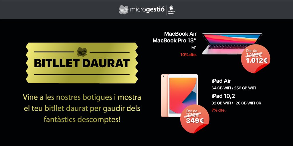 🔥OFERTA EN IPAD (7%) I MAC (10%)🔥

Gaudeix dels fantàstics descomptes disponibles únicament a botigues Microgestió del 15 al 26 de juliol de 2021. No aplicable a altres ofertes. Ensenya aquesta publicació al comercial de botiga per a aconseguir els descomptes!

#ipad #mac
