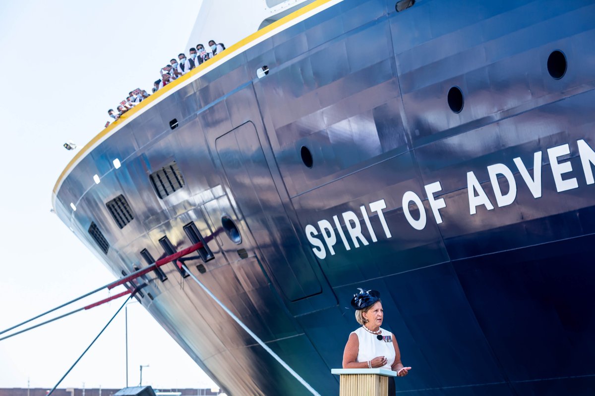 RoyalNavy's tweet photo. The former head of the Royal Navy Medical Service, Commodore Inga Kennedy, named a new cruise ship operated by @CruiseSaga  on behalf of the medical profession’s work during the pandemic.
Read more:https://t.co/YNuzhWDWJq https://t.co/3IRwaKb8X4