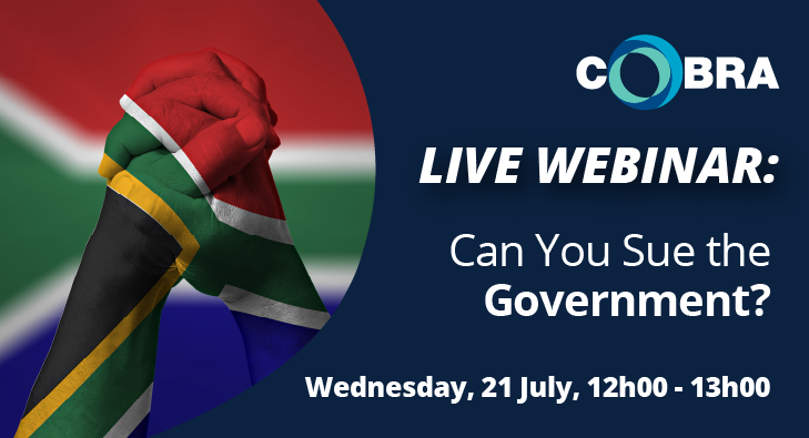 COBRA_Org's tweet photo. Can You Sue the Government? Join us for our live webinar for practical advice and support to assist individuals and businesses that have been affected by civil unrest on Wed, 21 July between 12h00 – 13h00: https://t.co/gKTKY3nxfN…
#COBRAinitiative #SAisBurning #RebuildSA https://t.co/v7VVVTEiSk
