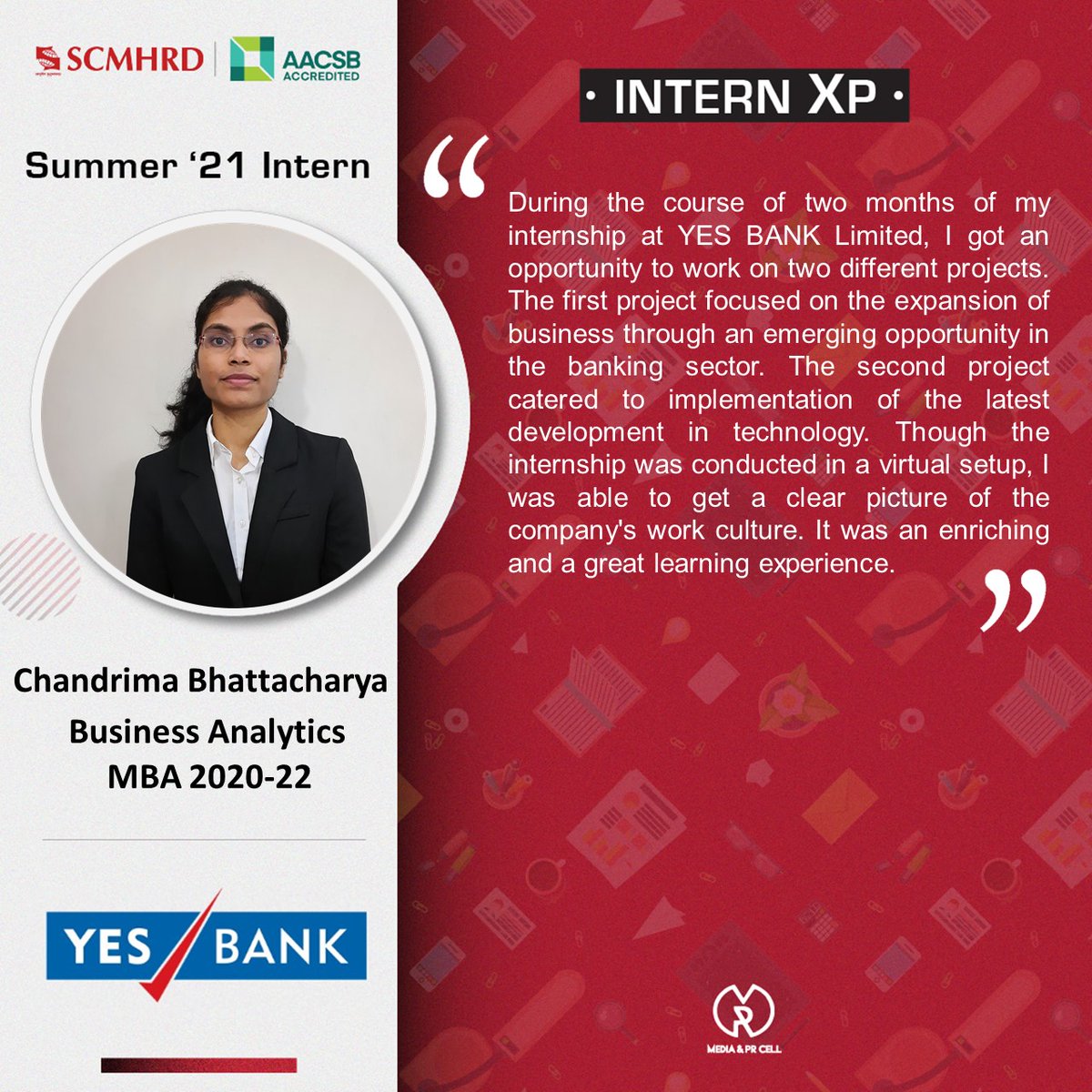 SCMHRDian's tweet photo. In the next InternXP feature, we will take a look at the internship journey of Chandrima Bhattacharya at @YESBANK.
#YesBank #SCMHRDxp #InternXP #SummerIntern21 https://t.co/266Qg68BOQ