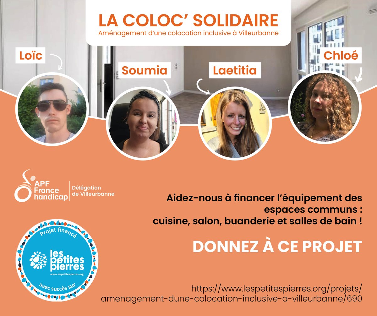 🏠Chloé, Laetitia, Loïc et Soumia, 4 jeunes en situation de handicap, vont bénéficier d’un appartement adapté, en colocation à Villeurbanne.
🤝🥰 Pour aménager leur futur espace de vie, ils ont besoin de vous : donnez-leur un petit coup de pouce ! ➡️ bit.ly/3y4nuIO