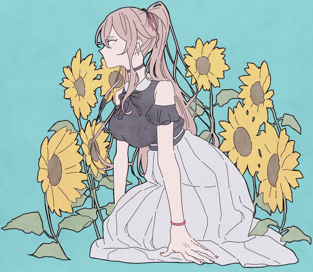 1girl flower sunflower solo long hair skirt shirt  illustration images