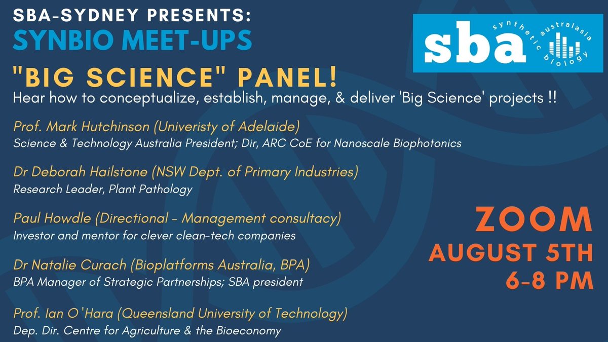 "Lockdown Special Event"

#SynBio crew! 
Are you over lockdown? 
Watched everything on Netflix? 

Here's something new...

Join our panel chat on "BIG SCIENCE" with influential members of research, industry &amp; business!  

ZOOM, August 5, 6-8pm. 

Register:eventbrite.com.au/e/big-science-…