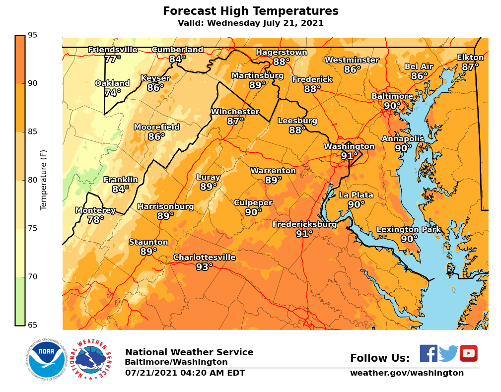 NWS_BaltWash's tweet photo. A touch more humidity today as a cold front crosses the area, bringing a chance for strong to severe thunderstorms this afternoon, mainly east of the Blue Ridge Mountains. Damaging wind gusts will be the primary threat. Details: https://t.co/5RyZgoXicj #DCwx #MDwx #VAwx #WVwx https://t.co/wiQXIfKnvD
